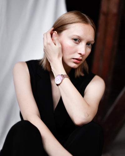 women wearing rohje artister pink mesh strap wearing a black shirt